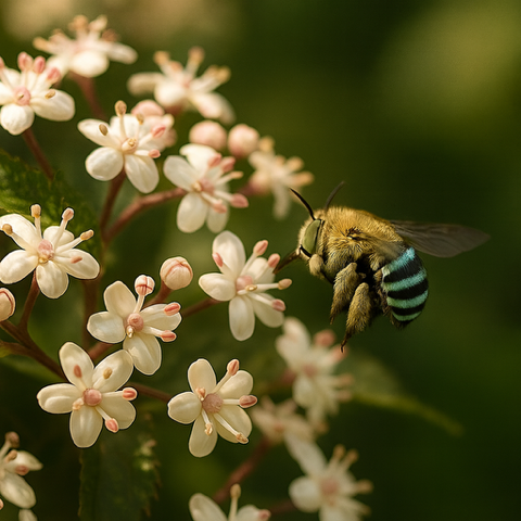 A brightly colured native Blue Banded Bee hovers above open elderflower petals.