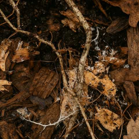 Leaves, roots and strands of fungi form an untidy mat on the forest floor